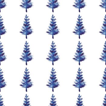 XMAS watercolor Fir Tree Seamless Pattern in Blue Color. Hand Painted Spruce Pine tree background or wallpaper for Ornament, Wrapping or Christmas Decoration.