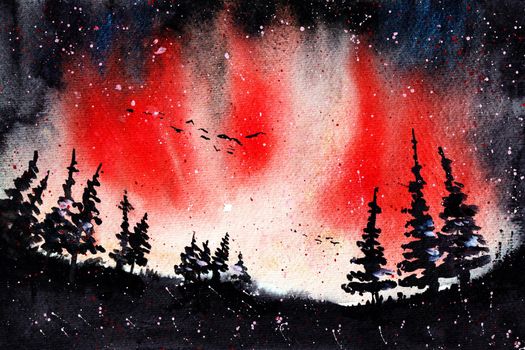 Northern Lights Red Watercolor Painting Aurora Borealis Original Art. Forest Landscape and Sky can be used for Wallpaper and Background Print.