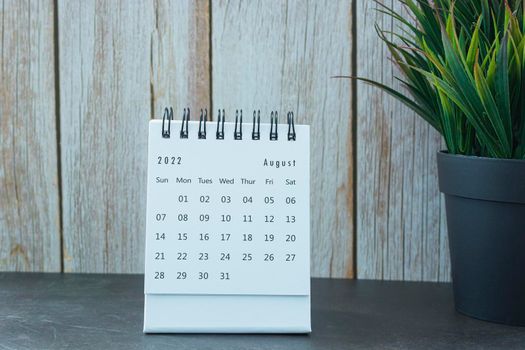 White August 2022 calendar with potted plant. 2022 New Year Concept