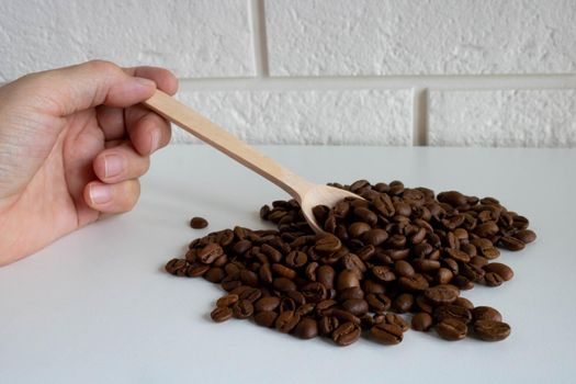 The hand holds a small wooden spoon with coffee beans, for the production of delicious coffee. Whole roasted coffee beans for grinding.