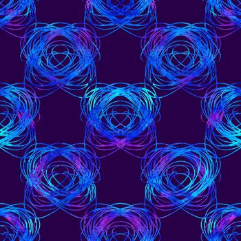 seamless pattern with brush doodle and square. Blue watercolor color on violet background. Hand painted grange texture. Plaid geometric elements. Fashion modern style. Endless fabric print