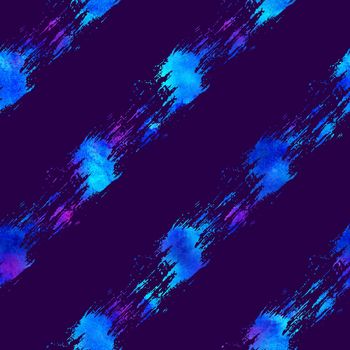 colorful seamless pattern with brush strokes and dots. bluewatercolor color on dark background. Hand painted grange texture. Ink diagonal elements. Fashion modern style. Unusual.