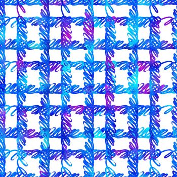 seamless pattern with brush stripes and strokes. Blue watercolor color on white background. Hand painted grange texture. Plaid cross geometric elements. Fashion modern style. Repeat fabric print