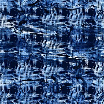 Brush Stroke Plaid Geometric Grung Pattern Seamless in Blue Color Check Background. Gunge Collage Watercolor Texture for Teen and School Kids Fabric Prints Grange Design with lines.