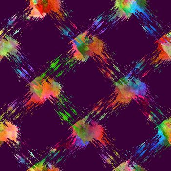 seamless pattern with brush stripe plaid. Rainbow watercolor color on violet background. Drawing native grange texture. Ink geometric elements. Repeat fabric print. Overlay backdrop for cloth, art