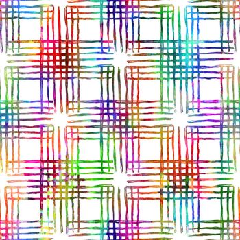 Brush Stroke Plaid Geometric Grung Pattern Seamless in Rainbow Color Check Background. Gunge Collage Watercolor Texture for Teen and School Kids Fabric Prints Grange Design with lines.