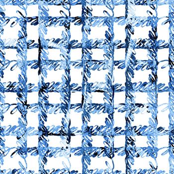 Brush Stroke Plaid Geometric Grung Pattern Seamless in Blue Color Check Background. Gunge Collage Watercolor Texture for Teen and School Kids Fabric Prints Grange Design with lines.