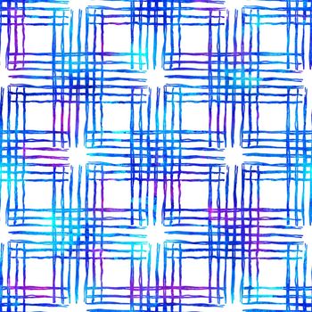 Brush Stroke Plaid Geometric Grung Pattern Seamless in Blue Color Check Background. Gunge Collage Watercolor Texture for Teen and School Kids Fabric Prints Grange Design with lines.