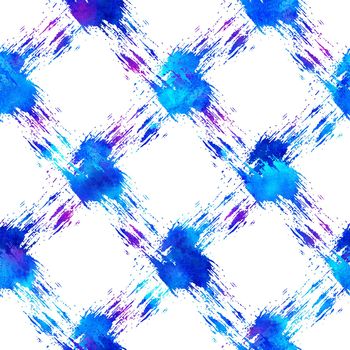 Brush Stroke Plaid Geometric Grung Pattern Seamless in Blue Color Check Background. Gunge Collage Watercolor Texture for Teen and School Kids Fabric Prints Grange Design with lines.