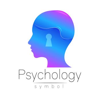 Modern head sign of Psychology. Profile Human. Creative style. Symbol in . Design concept. Brand company. Blue color isolated on white background. Icon for web. Keyhole