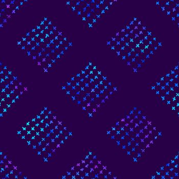 seamless pattern with brush doodle and square. Blue watercolor color on violet background. Hand painted grange texture. Plaid geometric elements. Fashion modern style. Endless fabric print