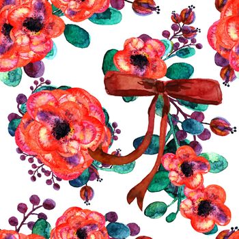 Seamless pattern with bouquets of summer flowers with red bow. Watercolor illustration. On white background