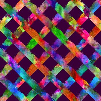 seamless pattern with brush stripe plaid. Rainbow watercolor color on violet background. Drawing native grange texture. Ink geometric elements. Repeat fabric print. Overlay backdrop for cloth, art