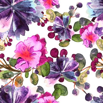 Watercolor floral pattern. Seamless pattern with purple and pink bouquet on white background. Colorful and lovely