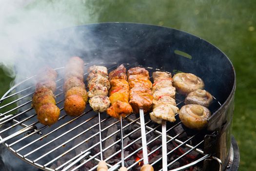 Grilled meat on a summer barbecue in the garden