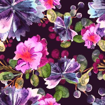 Watercolor floral pattern. Seamless pattern with purple and pink bouquet on violet background. Colorful and lovely