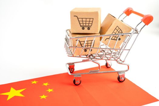 Box with shopping cart logo and China flag, Import Export Shopping online or eCommerce finance delivery service store product shipping, trade, supplier concept.