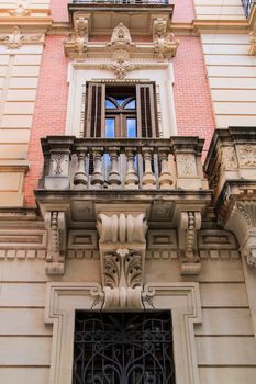 Novelda, Alicante, Spain- September 18, 2021: Old and majestic facade of the Modernist House Museum in Novelda, Alicante on a sunny day of summer