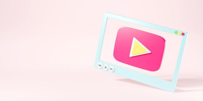 Video media player screen interface for social media template for web or mobile apps on pink background, Play movie video online mock up, 3D rendering illustration