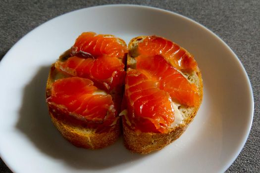 Sandwich on a white plate of red fish