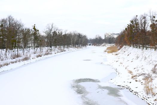 A freezing river on a cold winter day