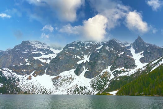 Lake against the backdrop of mountains and blue sky