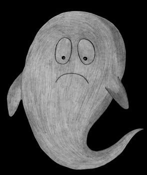 Hand Drawn Halloween Ghost Isolated on Black Background. Halloween scary ghostly monsters. Cute cartoon spooky character, Drawn by Color Pencils.