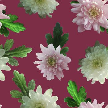 Photo and Digital Seamless Pattern with Nature Chrysanthemums Flowers. Digital Mixed Media Artwork. Endless Motif for Textile Decor and Design.