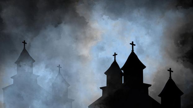 3d illustration - Old Churches silhouettes  At Night With Clouds