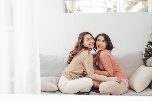 Two happy friends or sisters hugging sitting on a couch in the living room at home