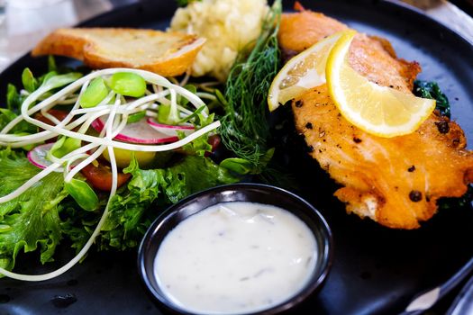 close up image of salmon steak