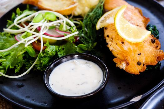 close up image of salmon steak