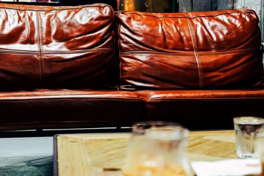 Close up detail of leather sofa. interior decor