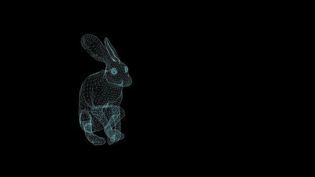 wire frame 3d illustration of rabbit running on black background