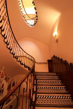 Novelda, Alicante, Spain- September 18, 2021: Beautiful staircase of the Gomez-Tortosa Cultural Center modernist building in Novelda village