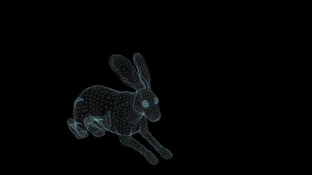 wire frame 3d illustration of rabbit running on black background