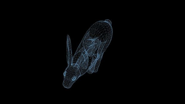 wire frame 3d illustration of rabbit running on black background