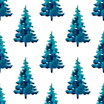 XMAS watercolor Pine Tree Seamless Pattern in Blue Color. Hand Painted fir tree background or wallpaper for Ornament, Wrapping or Christmas Gift.