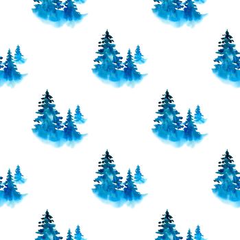 XMAS watercolor Pine Tree Seamless Pattern in Blue Color. Hand Painted fir tree background or wallpaper for Ornament, Wrapping or Christmas Gift.