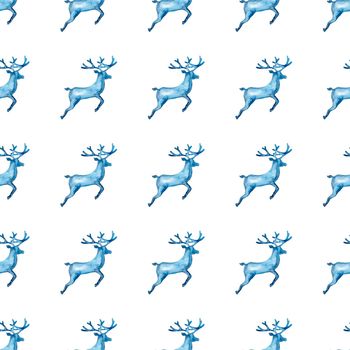 Reindeer XMAS watercolor Deer Stag eamless Pattern in Blue Color. Hand Painted Animal Moose background or wallpaper for Ornament, Wrapping or Christmas Gift.