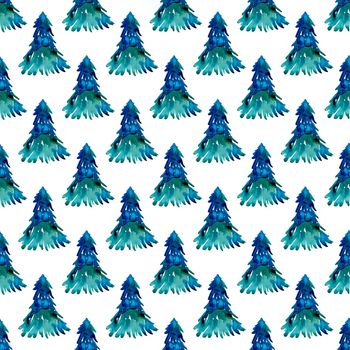 XMAS watercolor Pine Tree Seamless Pattern in Blue Color. Hand Painted fir tree background or wallpaper for Ornament, Wrapping or Christmas Gift.