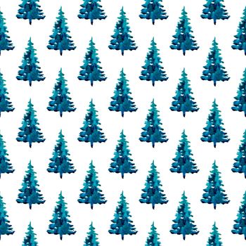 XMAS watercolor Pine Tree Seamless Pattern in Blue Color. Hand Painted fir tree background or wallpaper for Ornament, Wrapping or Christmas Gift.