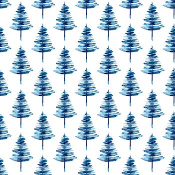 XMAS watercolor Pine Tree Seamless Pattern in Blue Color. Hand Painted fir tree background or wallpaper for Ornament, Wrapping or Christmas Gift.