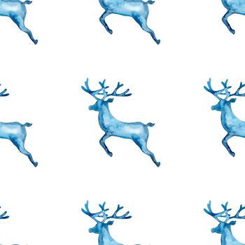 Reindeer XMAS watercolor Deer Stag eamless Pattern in Blue Color. Hand Painted Animal Moose background or wallpaper for Ornament, Wrapping or Christmas Gift.