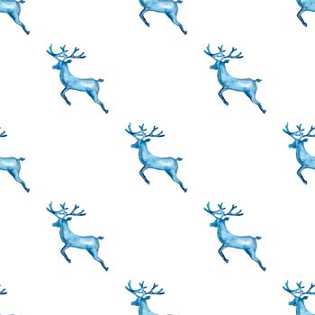 Reindeer XMAS watercolor Deer Stag eamless Pattern in Blue Color. Hand Painted Animal Moose background or wallpaper for Ornament, Wrapping or Christmas Gift.