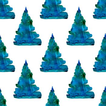 XMAS watercolor Pine Tree Seamless Pattern in Blue Color. Hand Painted fir tree background or wallpaper for Ornament, Wrapping or Christmas Gift.