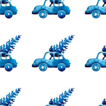 XMAS watercolor Pine Tree and Car Seamless Pattern in Blue Color. Hand Painted fir tree background or wallpaper for Ornament, Wrapping or Christmas Gift.