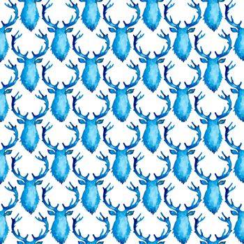 Reindeer XMAS watercolor Deer Stag eamless Pattern in Blue Color. Hand Painted Animal Moose background or wallpaper for Ornament, Wrapping or Christmas Gift.