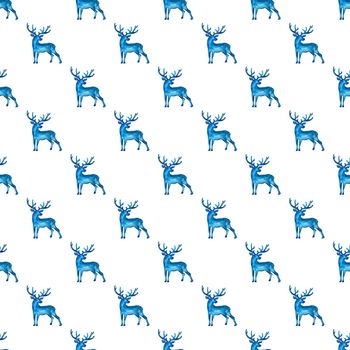 Reindeer XMAS watercolor Deer Stag eamless Pattern in Blue Color. Hand Painted Animal Moose background or wallpaper for Ornament, Wrapping or Christmas Gift.