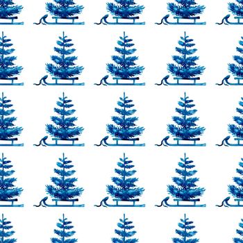 XMAS watercolor Pine Tree and Sleigh Seamless Pattern in Blue Color. Hand Painted fir tree background or wallpaper for Ornament, Wrapping or Christmas Gift.